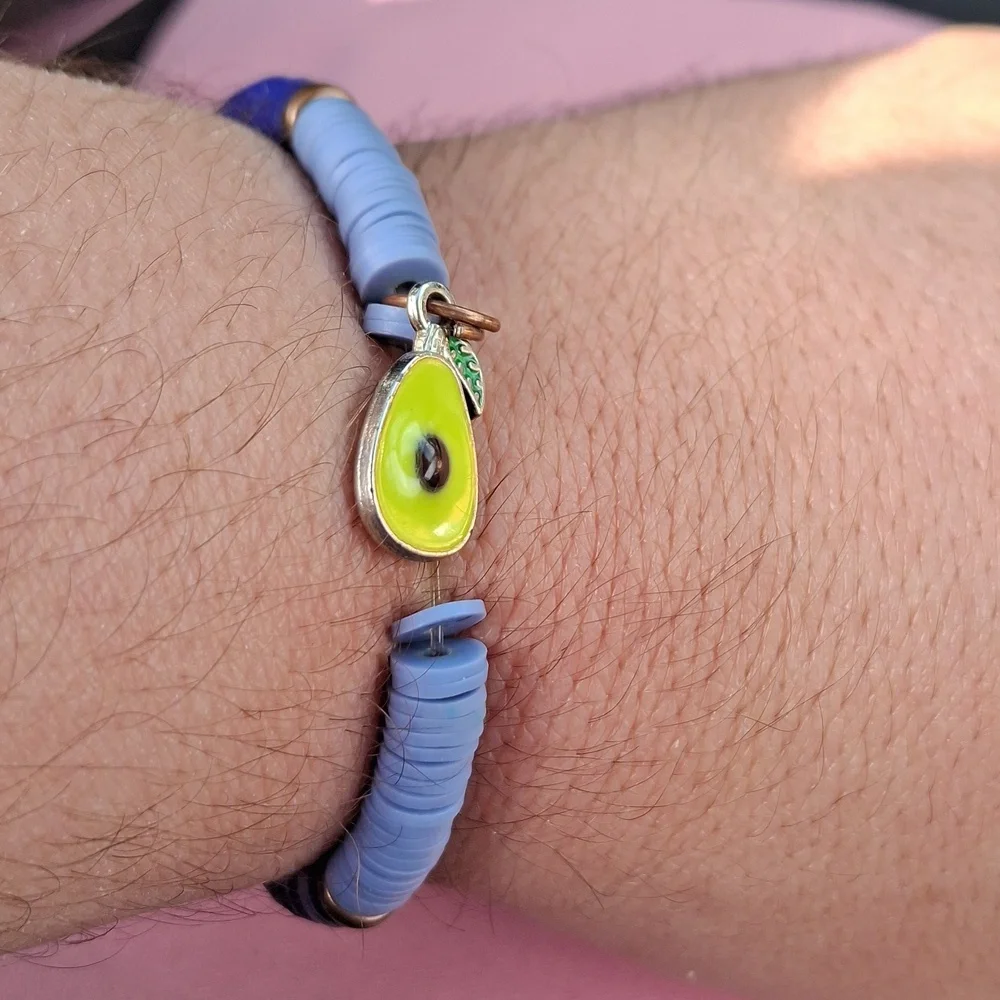 Avocado Charm Beaded Bracelet in Blue, White & Lime